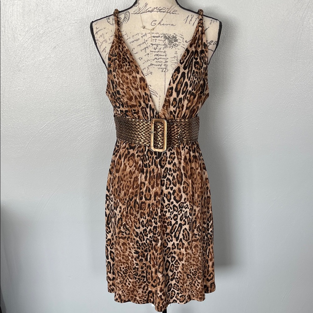 Together Leopard Print Brown Tan Plunge Neck Sleeveless Dress with Belt Size M